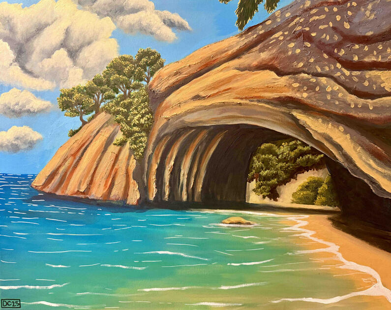 an acrylic painting of cathedral cove in new zealand