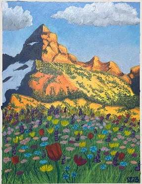 Mountain Meadows, Oil Pastel on 11x14 in Mixed Media Paper, 2023
