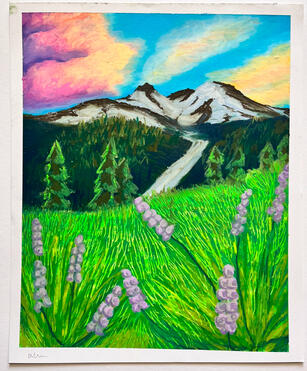 Mountain Retreat, Mount Rainier, Seattle, WA, Oil Pastel on 17x14 in Mixed Media paper, 2024