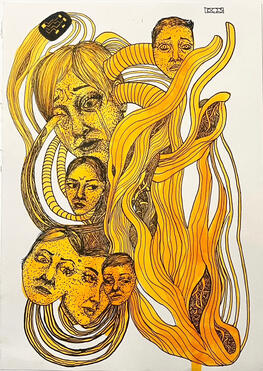 Tangled, Ink on 7x10 in Mixed Media Paper, 2023