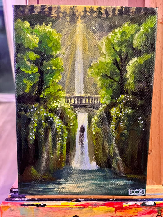 **“Multnomah Falls, Oregon,”** *Acrylic on 5x7 Gallery Wrapped Canvas,* 2024